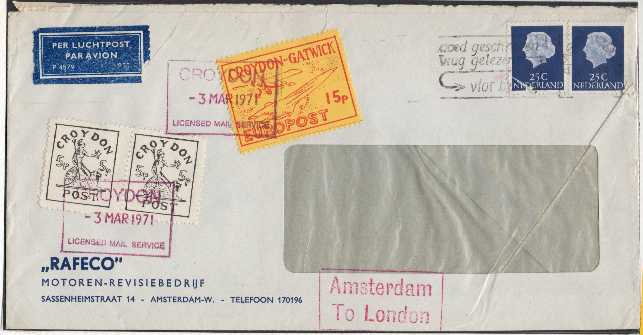 1971 Croydon Gatwick Strike Post cover with multiple CGP franking, March 1st 1971